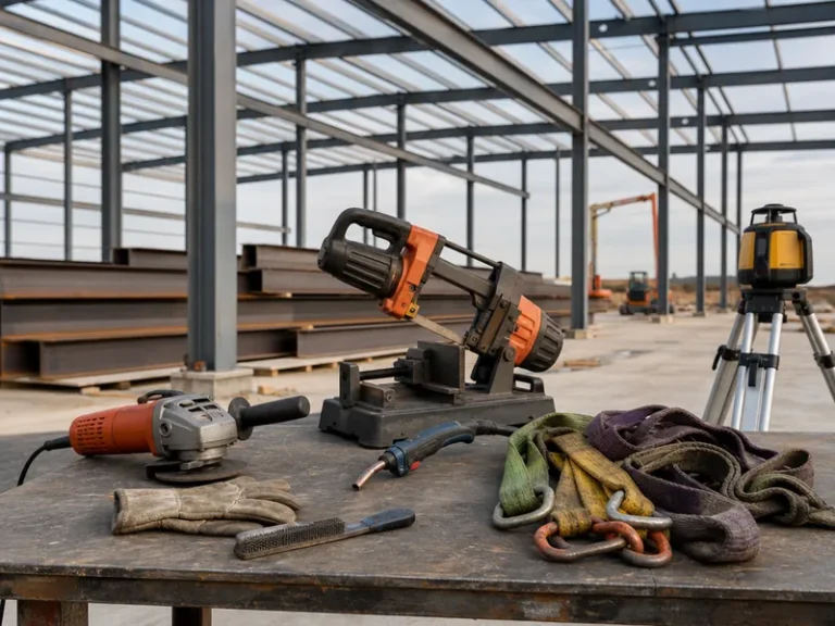 Herramientas para montaje de estructuras metálicas dispuestas en obra junto a perfiles de acero