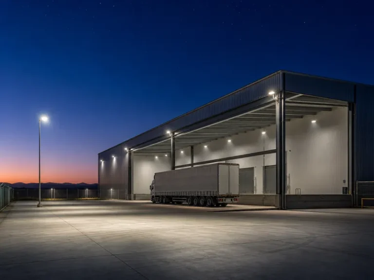 Patio de maniobras de una nave industrial de acero iluminado al anochecer con proyectores LED orientados hacia abajo