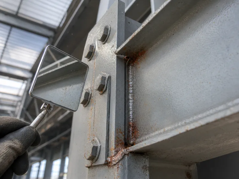 Inspección de una unión soldada de estructura metálica con óxido rojo incipiente, umbral que dispara el primer mantenimiento del recubrimiento