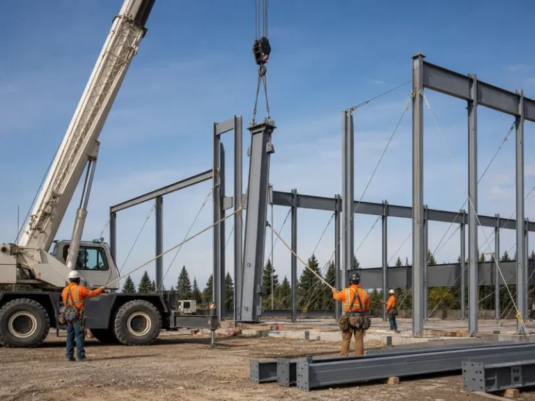 Montaje de estructura de acero con grúa izando columnas prefabricadas en obra