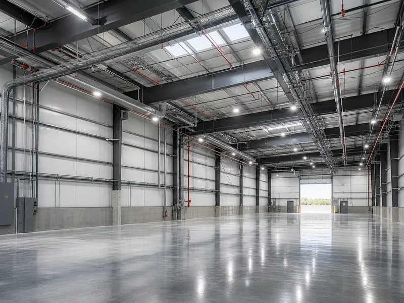 Instalaciones MEP e iluminación LED en el interior de una nave industrial de acero