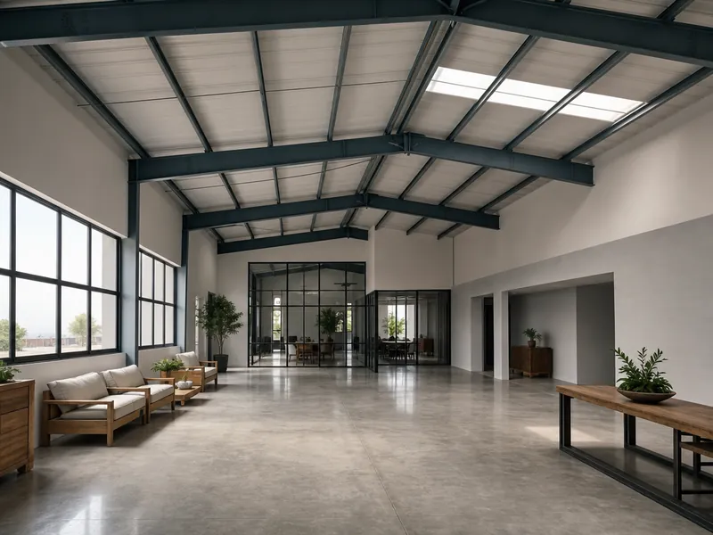 Interior de una estructura metálica con vigas expuestas, muros de tablaroca terminados y luz natural en una nave comercial