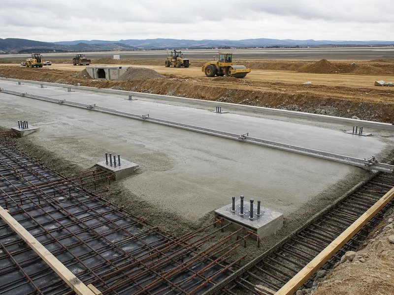 Colado de la losa de concreto de un hangar para aviones sobre terreno nivelado, con la cimentación y los anclajes de columna preparados