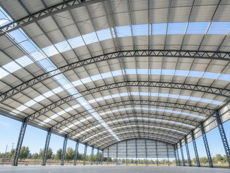 Estructura de acero de gran luz libre sin columnas interiores en una instalación deportiva recreativa techada