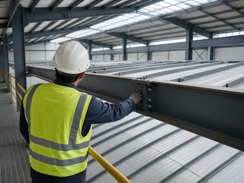 Inspección de mantenimiento en la cubierta de una nave industrial de acero