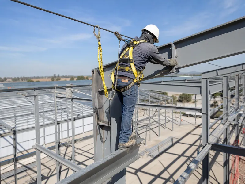 Montador de estructuras metálicas con arnés en trabajos en altura sobre estructura de acero