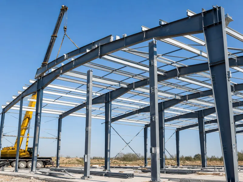 Montaje de la estructura de acero de una nave industrial con marcos principales izados