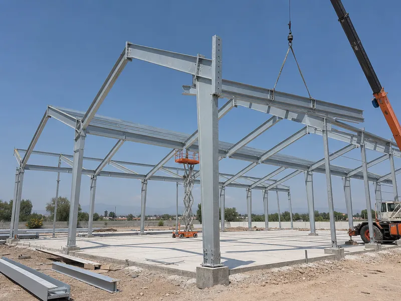 Montaje en obra de la estructura metálica prefabricada de una instalación deportiva con marcos de acero atornillados