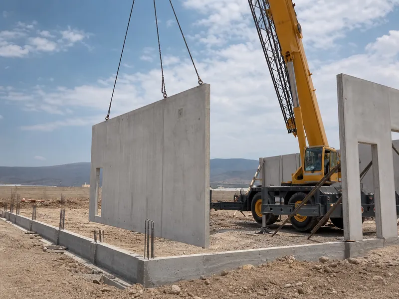 Montaje con grúa de un muro prefabricado de hormigón sobre su cimentación
