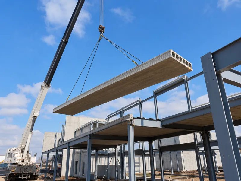 Montaje con grúa de losa alveolar de hormigón en obra, transporte y montaje que influyen en el precio por m²