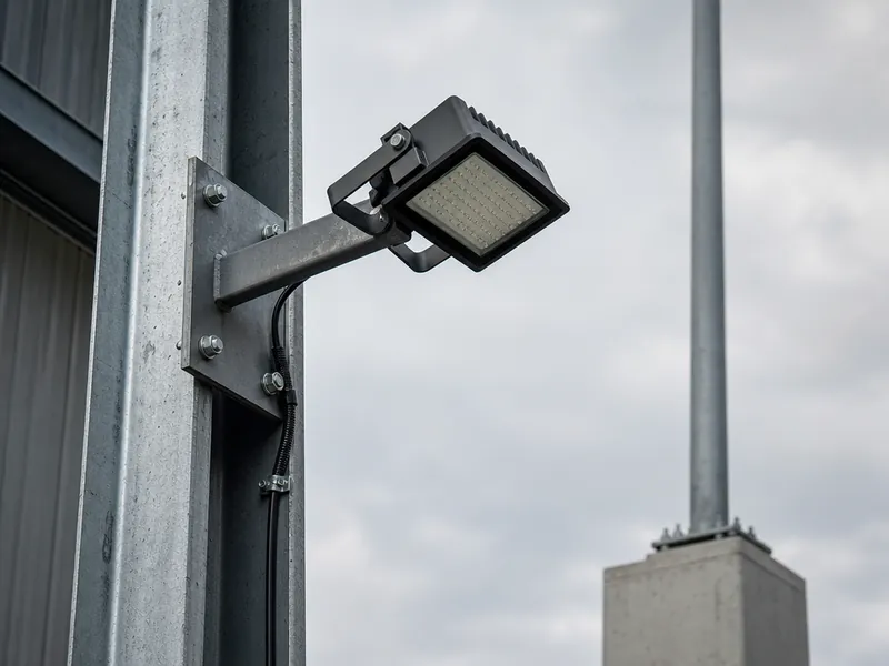 Detalle de anclaje de un proyector LED sobre la columna de acero de una nave industrial, con brazo en voladizo y canalización