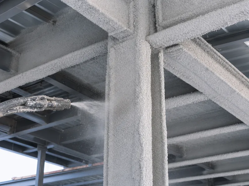 Aplicación de mortero proyectado ignífugo sobre estructura de acero en una nave industrial para alcanzar la resistencia al fuego requerida