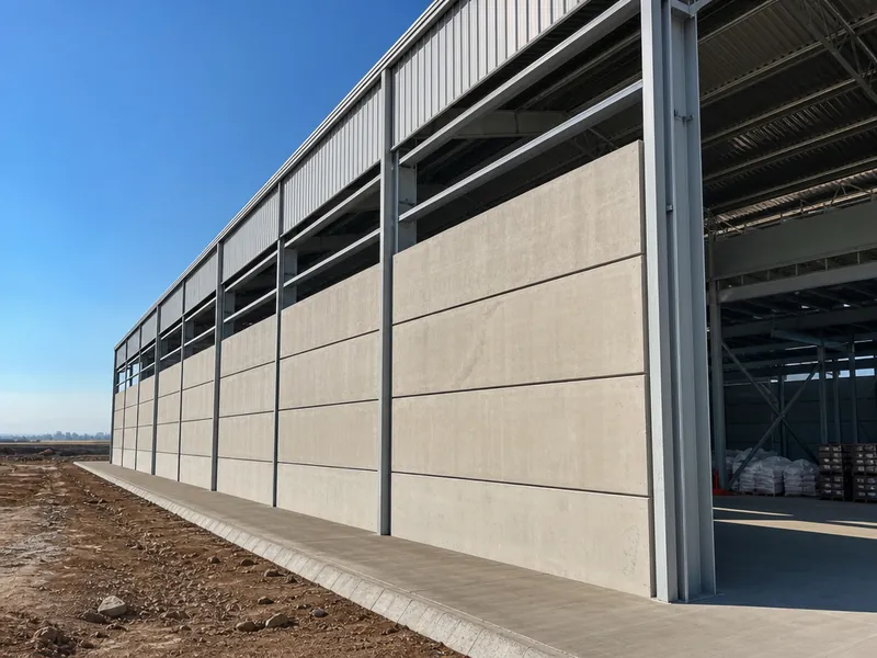 Muro prefabricado de hormigón para nave industrial combinado con estructura metálica