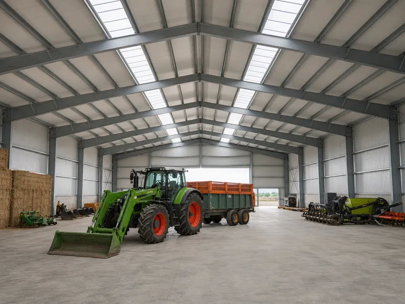 Interior de nave agrícola de acero con claro libre y maquinaria de campo