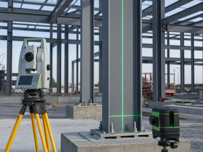 Nivel láser y estación total verificando el plomo de una columna en el montaje de estructuras metálicas