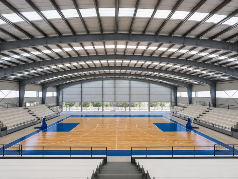 Interior de un pabellón deportivo metálico prefabricado con cancha de baloncesto y cubierta de gran luz sin columnas