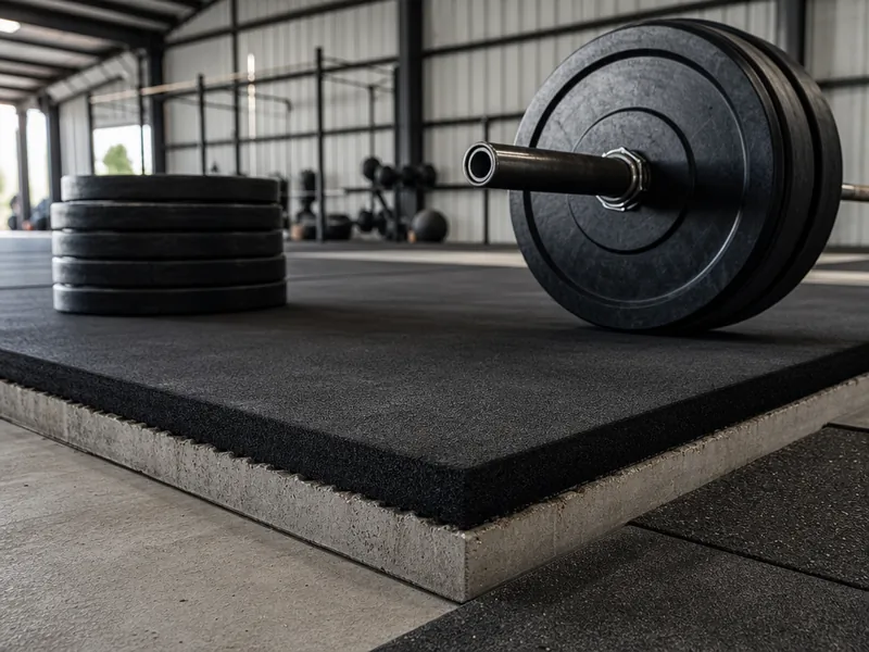 Detalle del piso de un gimnasio en nave metálica prefabricada: losa de concreto y tapete de hule grueso en la drop zone con discos bumper