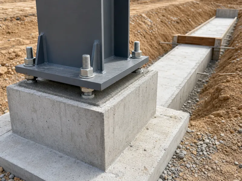 Placa base de columna de acero atornillada a anclas embebidas en una zapata de concreto, con contratrabe visible