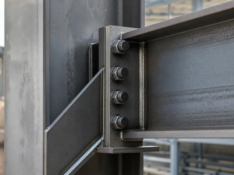 Conexión de viga a columna con placa base y pernos, detalle típico de los planos de estructuras de acero