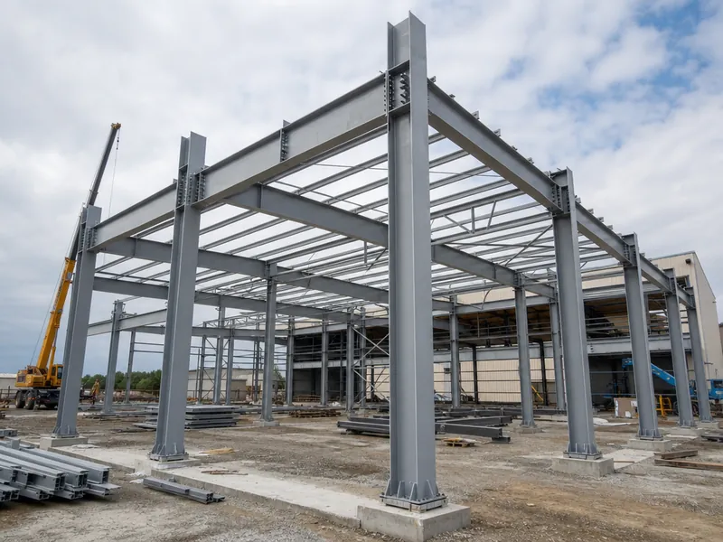 Estructura de acero montada en obra según los planos de estructuras de acero, con columnas y vigas por ejes