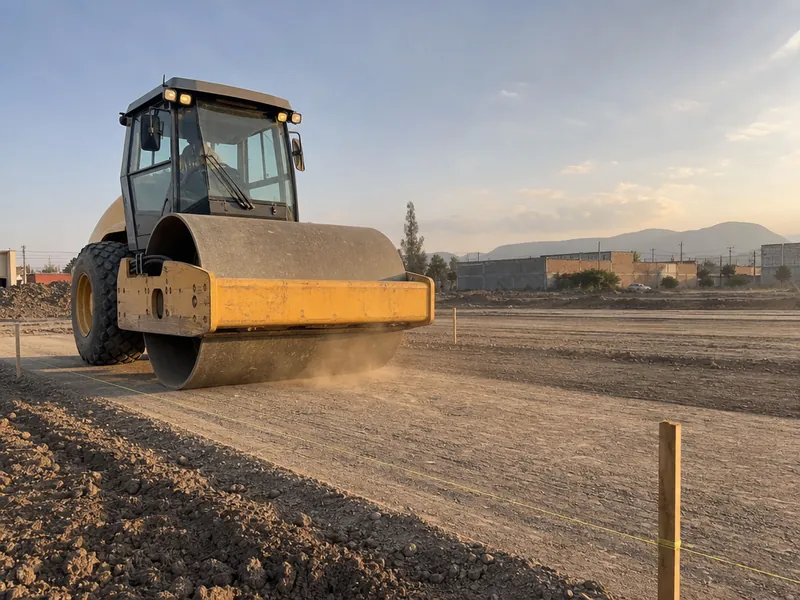 Rodillo compactando el suelo tras la nivelación del terreno