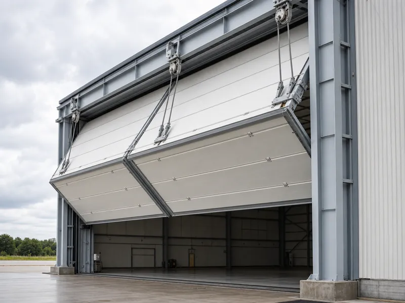 Puerta bifold de hangar para aviones en operación, con el marco frontal de acero y los herrajes de izaje visibles