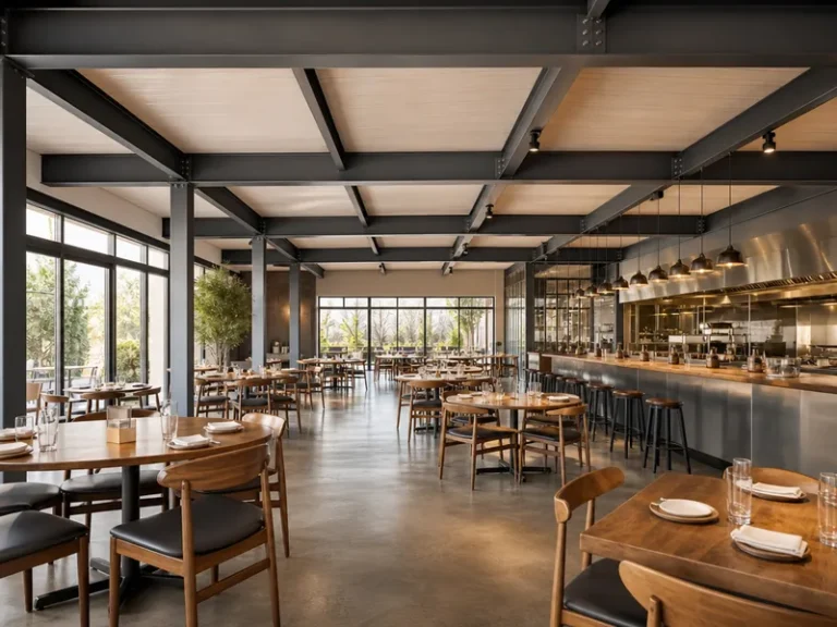 Comedor de restaurante con estructura metálica de grandes luces y espacio diáfano sin columnas