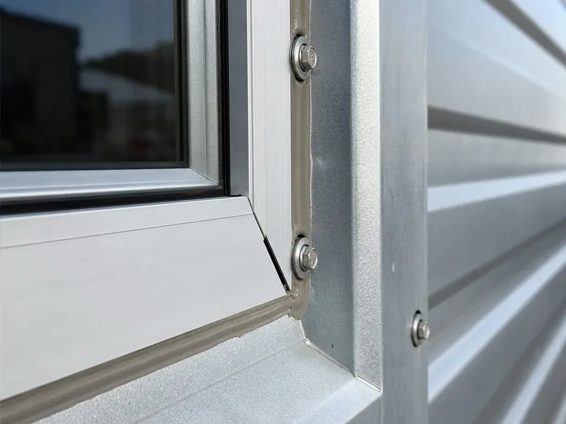 Sellado del perímetro del marco de una ventana fijado a la estructura metálica, punto donde se controla la infiltración de agua y aire