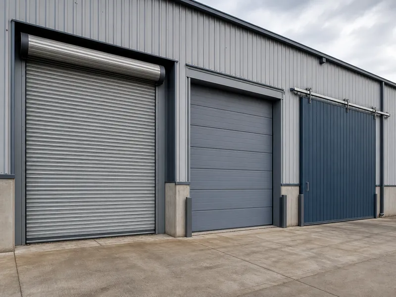 Puertas enrollable, seccional y corrediza instaladas en los vanos de carga de una nave industrial metálica prefabricada