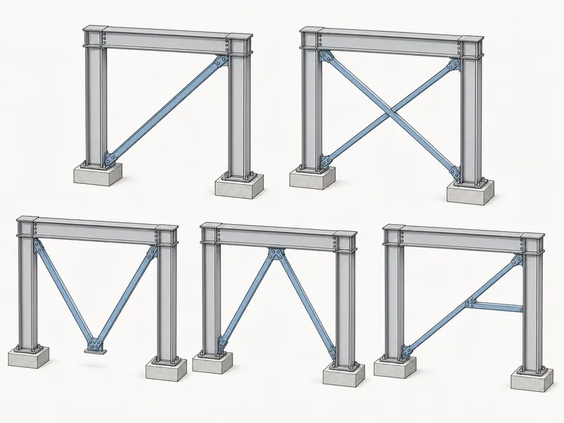 Comparación visual de tipos de refuerzos de pared en acero: diagonal simple, en cruz, en V y en K