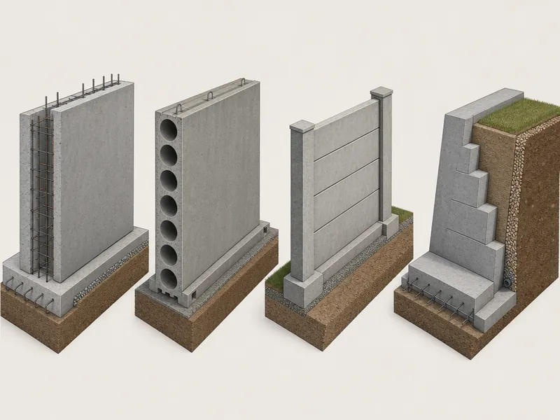 Tipos de muros prefabricados de hormigón: panel macizo, alveolar y muro de contención