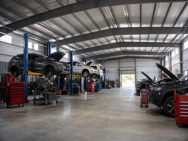 Garaje metálico usado como taller automotriz con varias bahías de reparación