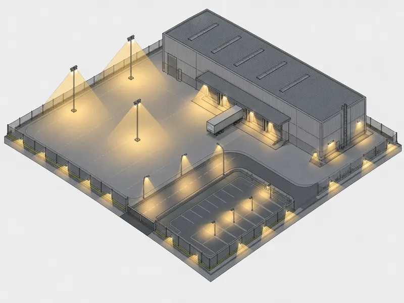 Diagrama isométrico de las zonas exteriores de una nave industrial: patio de maniobras, vialidad interna, andén, estacionamiento y perímetro